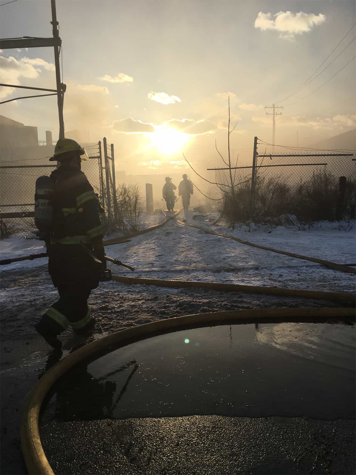 Firefighters with behavioral health issues working during sunset