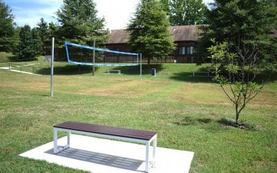 COE grass volleyball court with residential cottages in the behind it