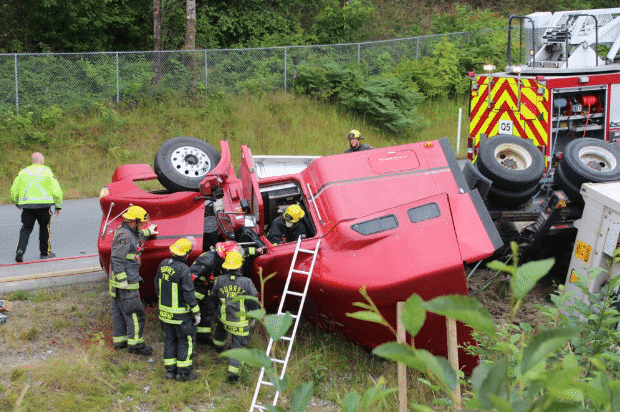 A fallen over semi truck with fire figthers surrounding the passenger door