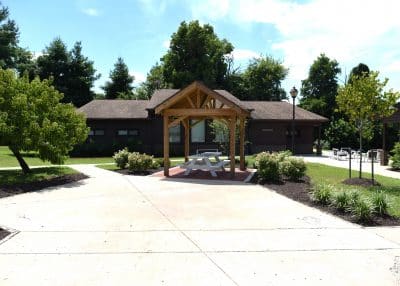 Outdoor view of coe building and picnic table